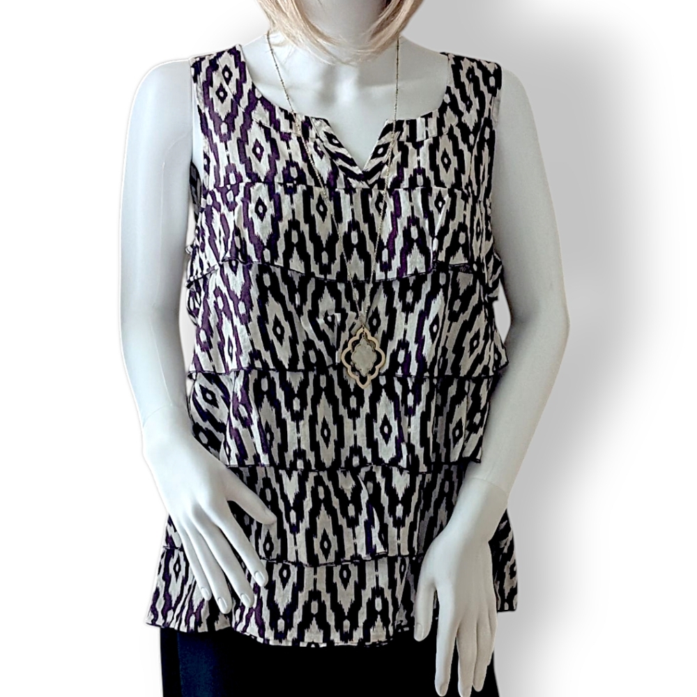 Loft Geometric Ruffled Sleeveless Shirt Tank Top Womens M